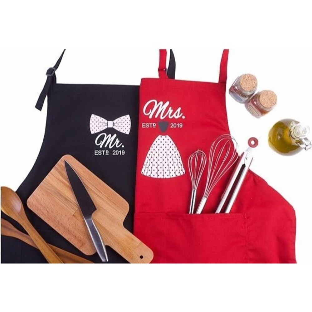 Set of 2 Mr Mrs Anniversary Apron Gift - Est 2019 - 7th Year Anniversary Gift